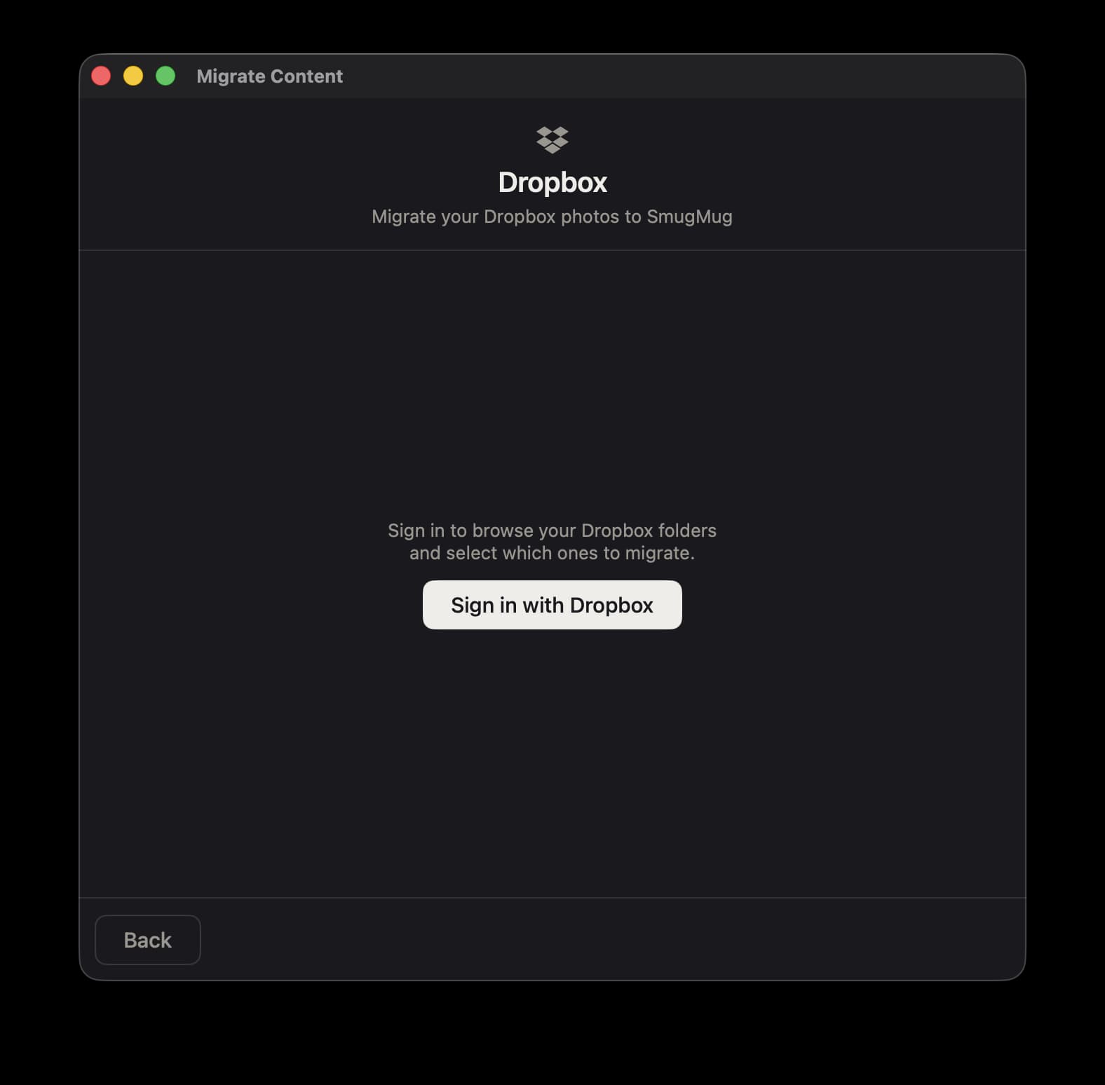 Dropbox sign-in screen in Folio