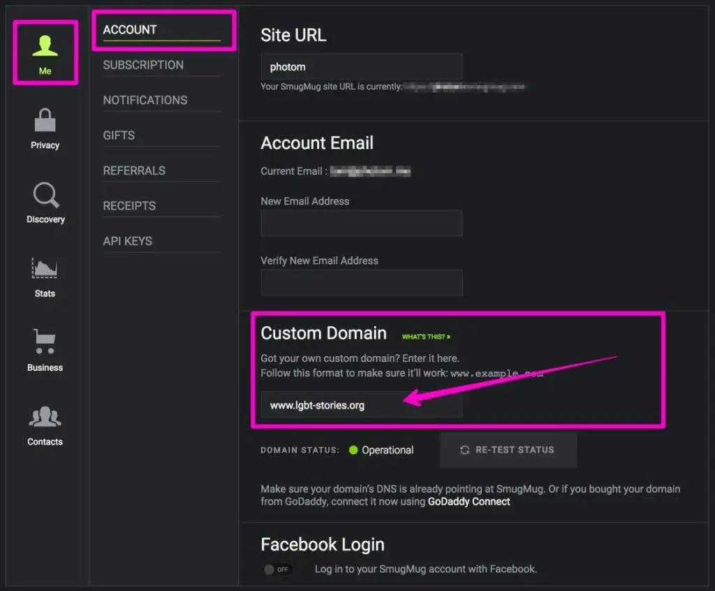 SmugMug custom domain settings