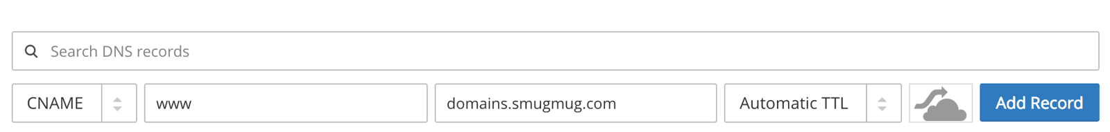 Cloudflare DNS settings showing the www CNAME record pointing to domains.smugmug.com