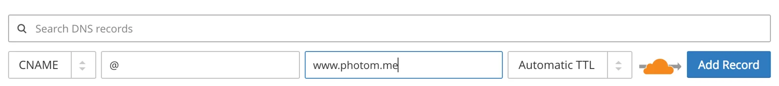 Cloudflare DNS settings showing the root domain CNAME record with proxy enabled
