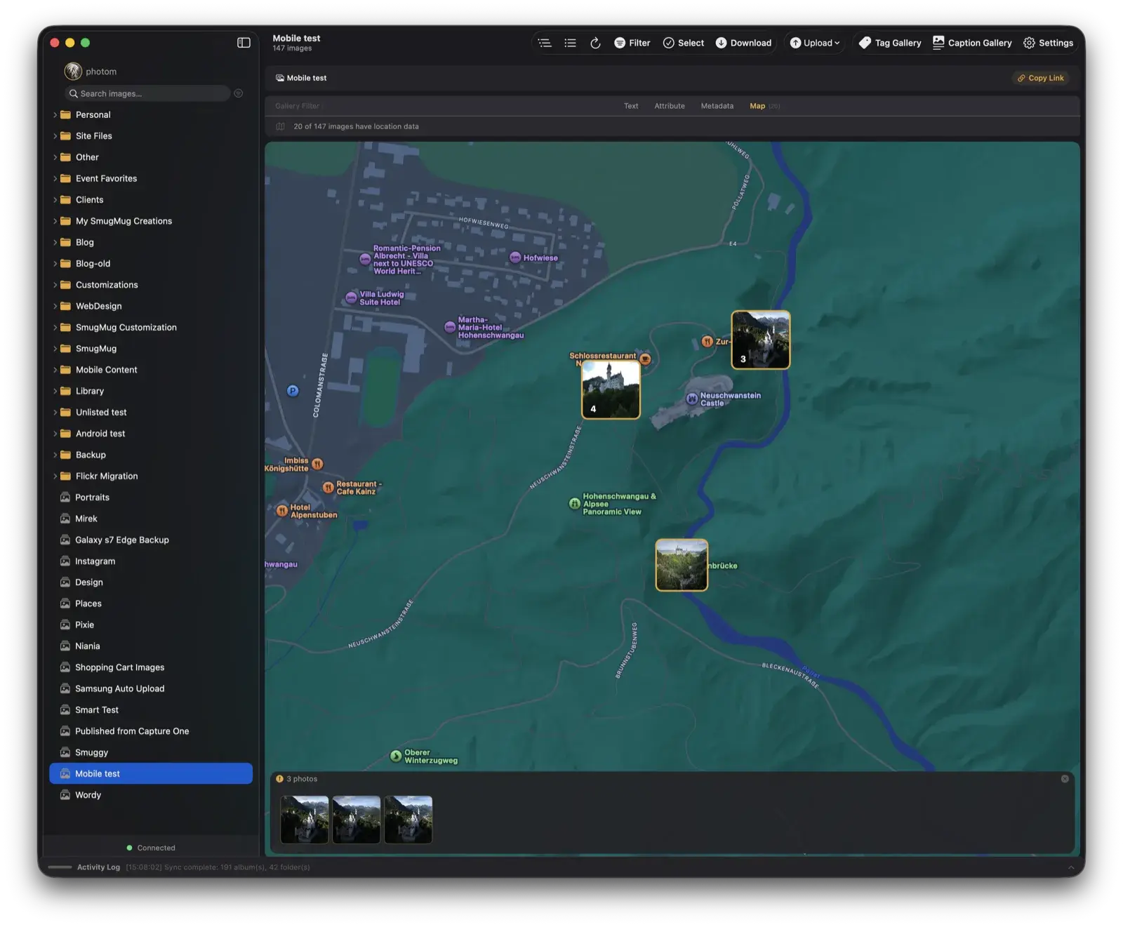 The Map view showing geotagged photos on an interactive map