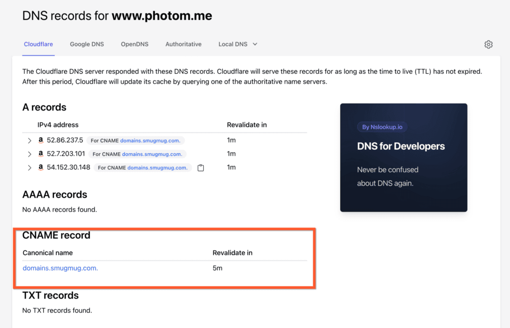 NSLOOKUP results showing correct CNAME