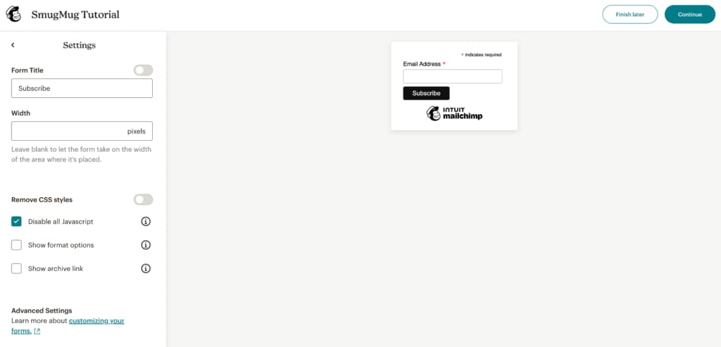 Mailchimp form settings