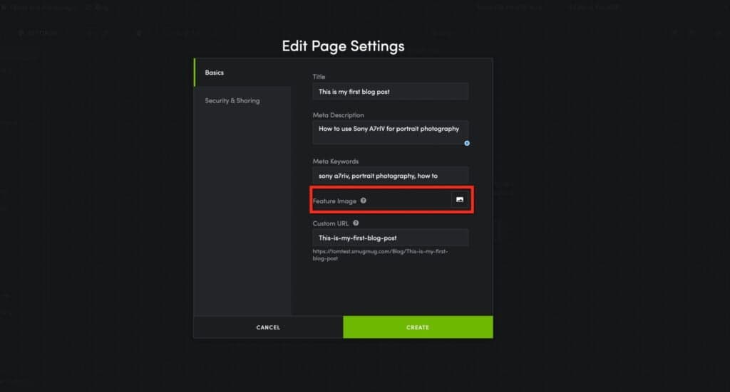 SmugMug page settings with featured image option