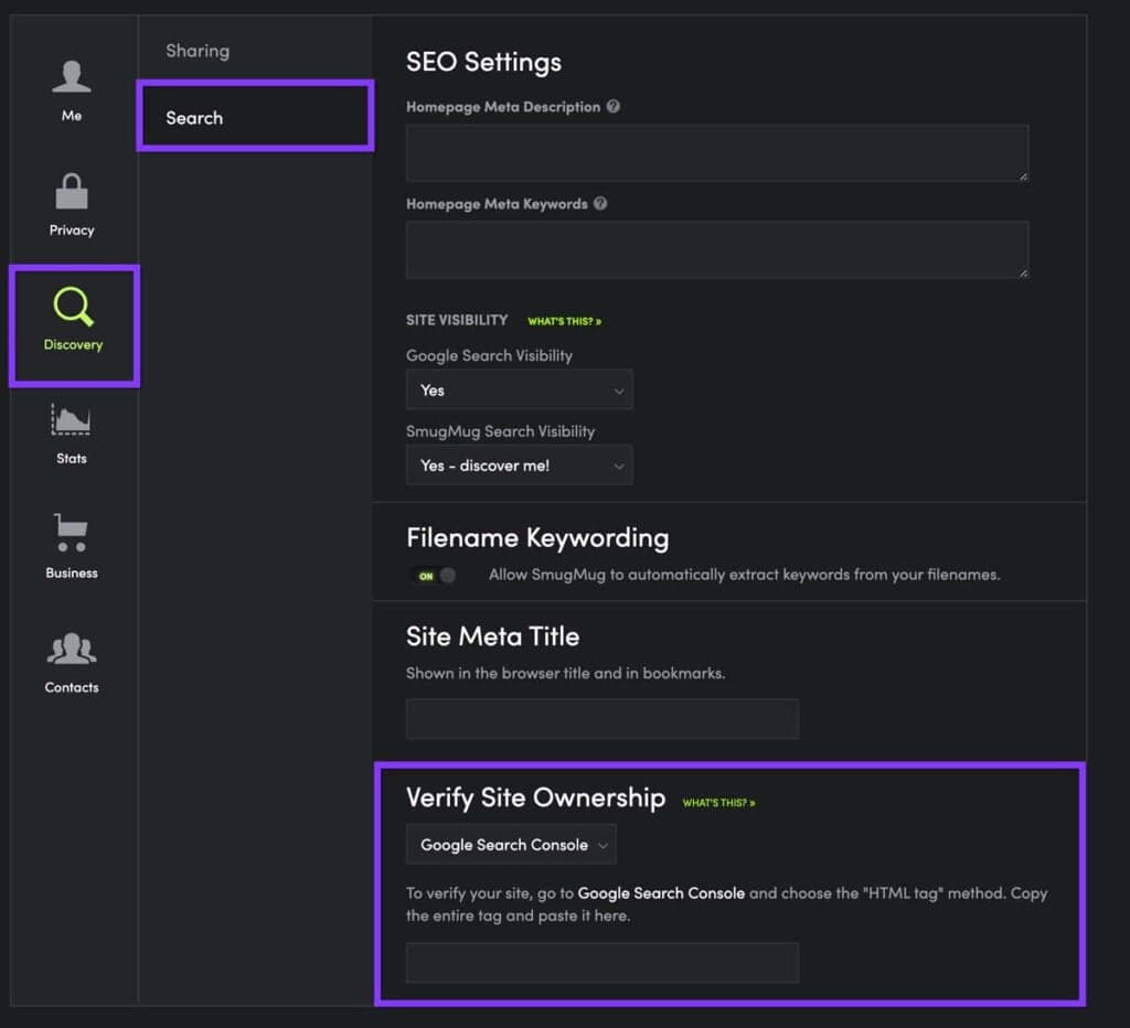 Verifying SmugMug with Google Search Console